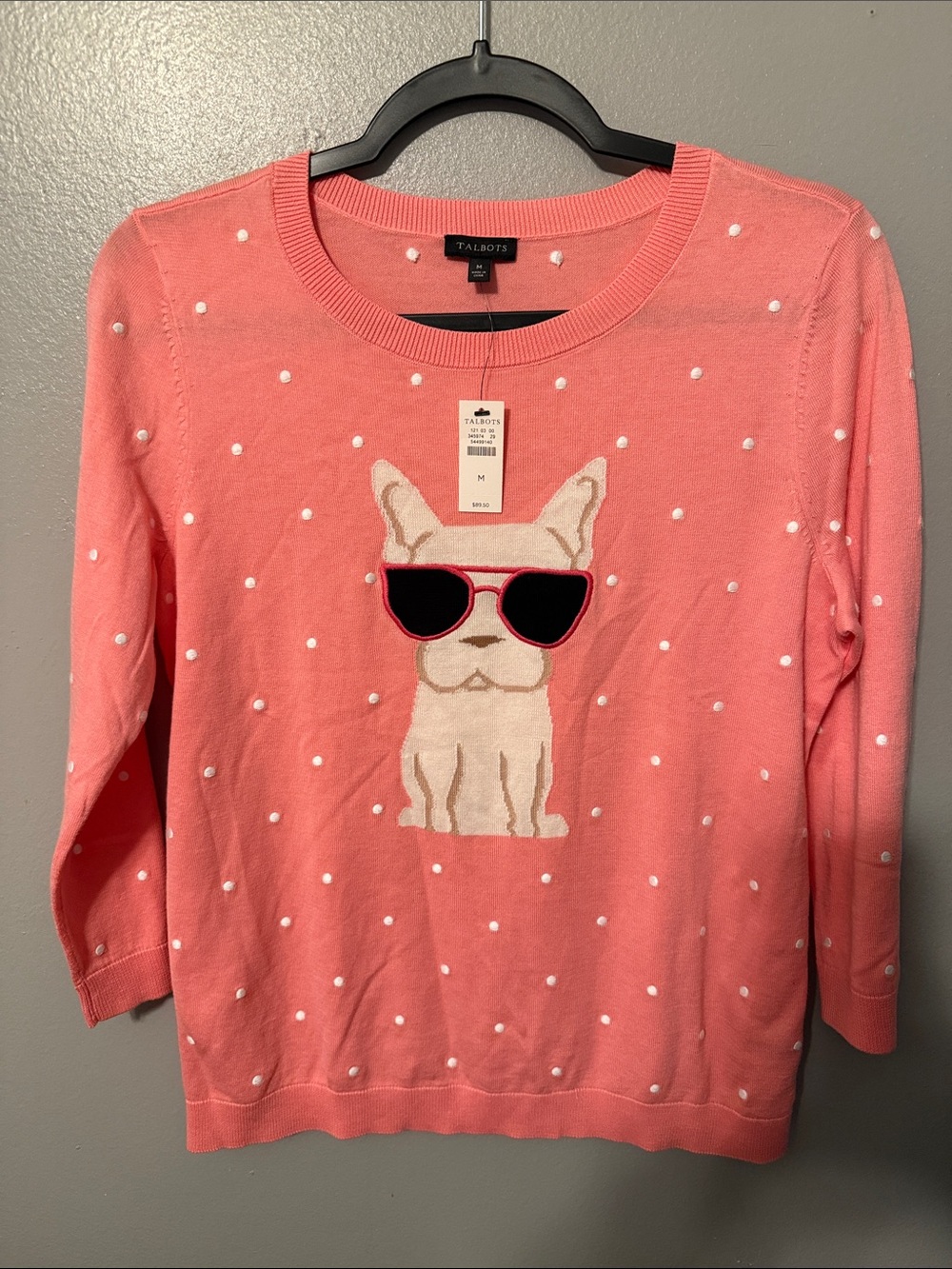 Talbots Coral Pink Dot Sweater with Sunglasses Dog Motif